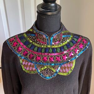 Vintage Black Turtleneck Sweater colorful embellishments